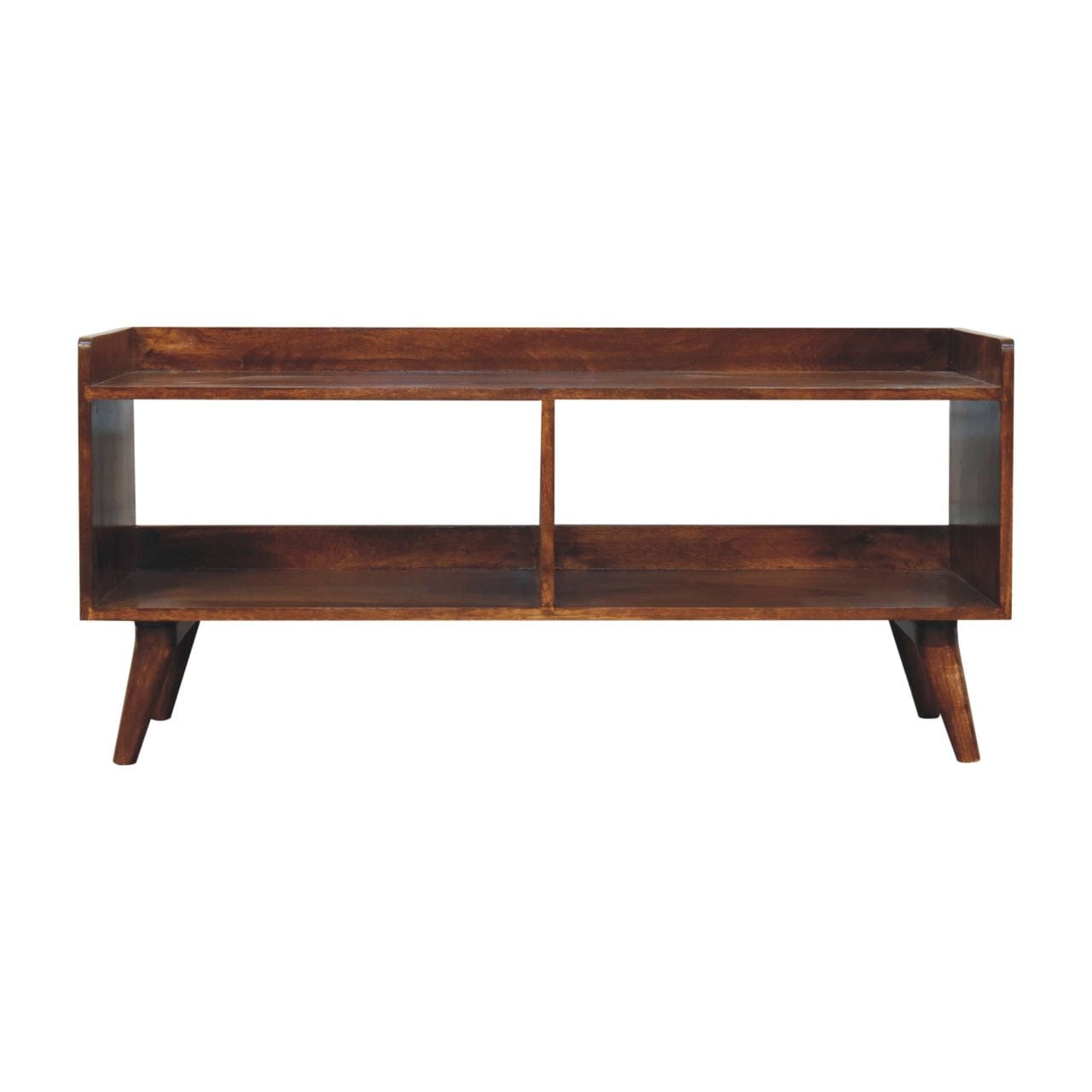 Handcrafted Open-top Chestnut TV Stand - Solid Mango Wood Entertainment Center for Living Room - product view 2 showing...