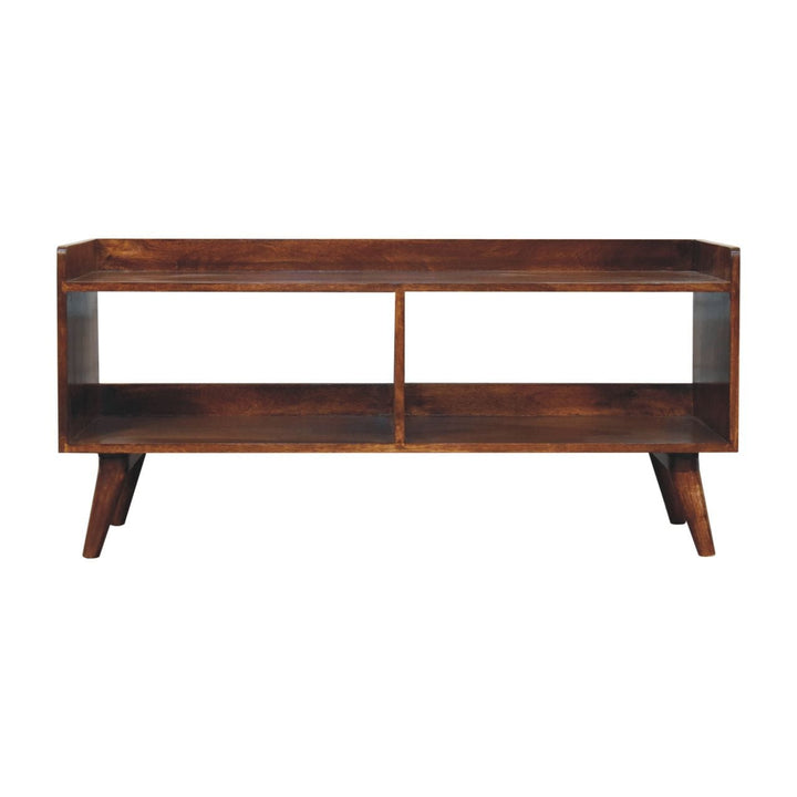 Handcrafted Open-top Chestnut TV Stand - Solid Mango Wood Entertainment Center for Living Room - product view 2 showing...