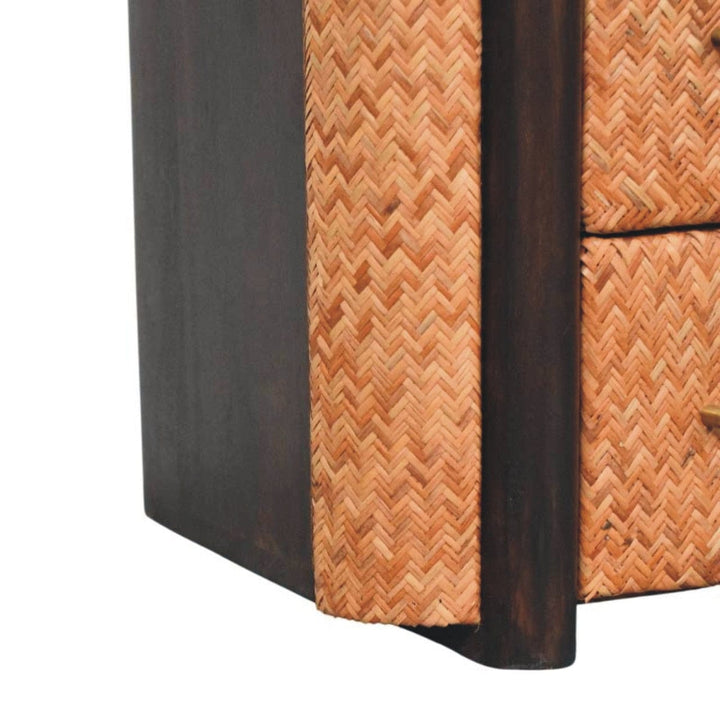 Handcrafted Rattan Curve Edge Nightstand - Solid Mango Wood Bedside Table for Bedroom - product view 8 showing...