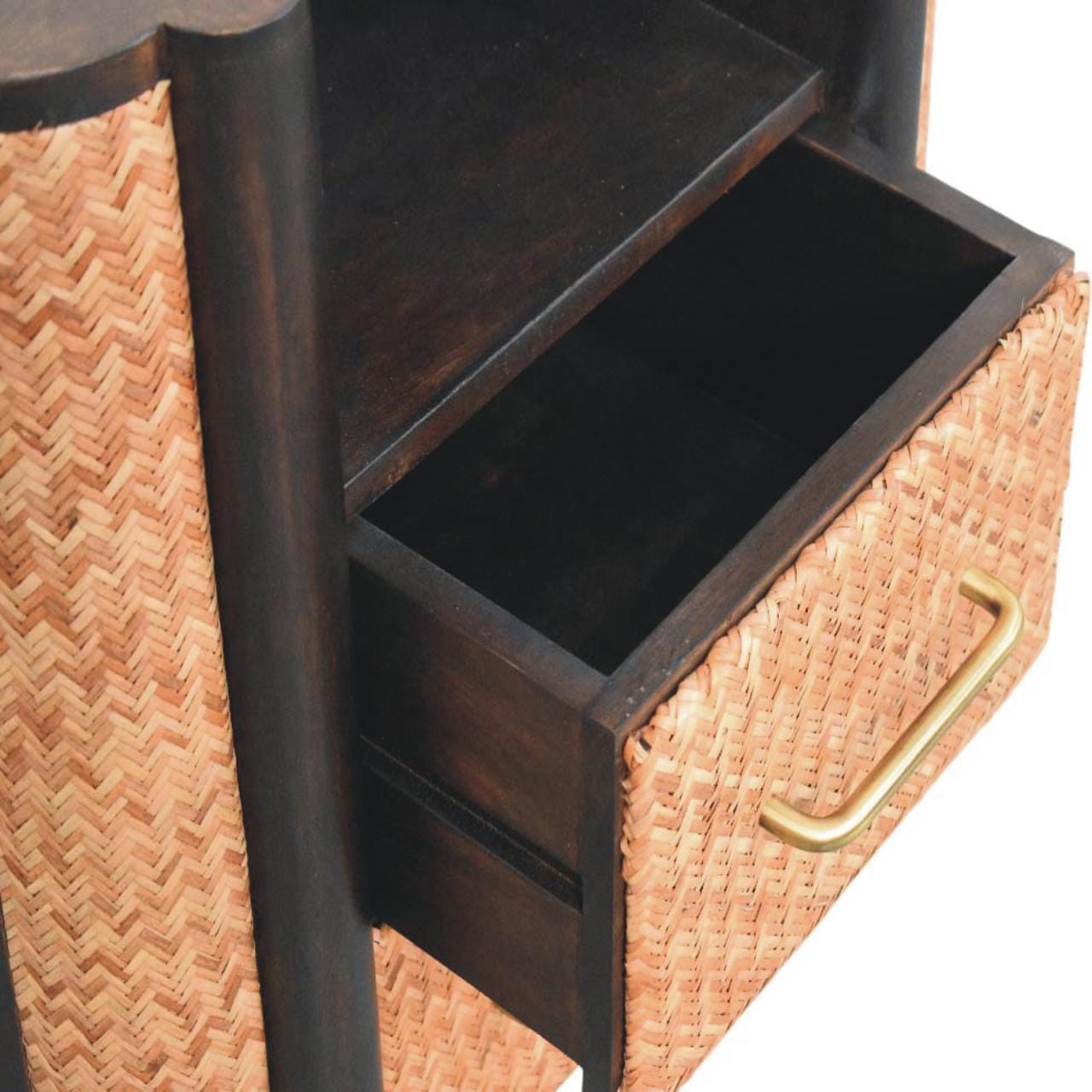 Handcrafted Rattan Curve Edge Nightstand - Solid Mango Wood Bedside Table for Bedroom - product view 7 showing...