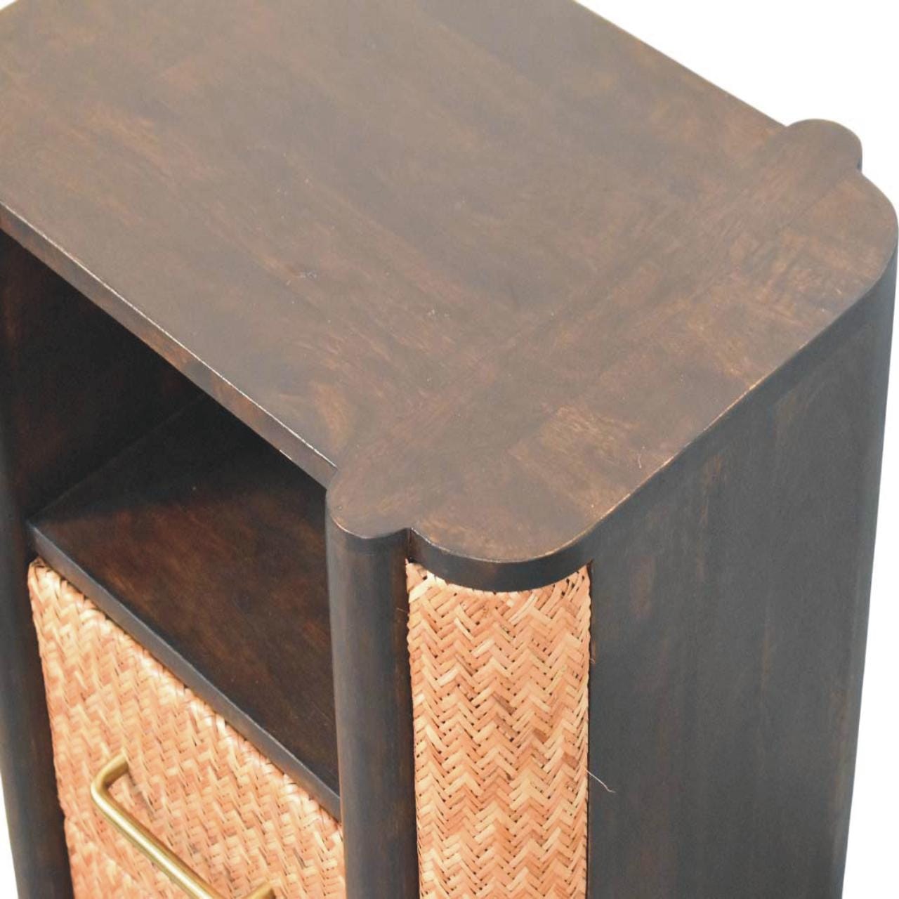 Handcrafted Rattan Curve Edge Nightstand - Solid Mango Wood Bedside Table for Bedroom - product view 6 showing...