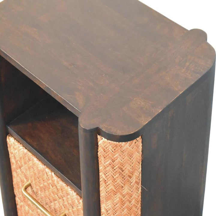Handcrafted Rattan Curve Edge Nightstand - Solid Mango Wood Bedside Table for Bedroom - product view 6 showing...