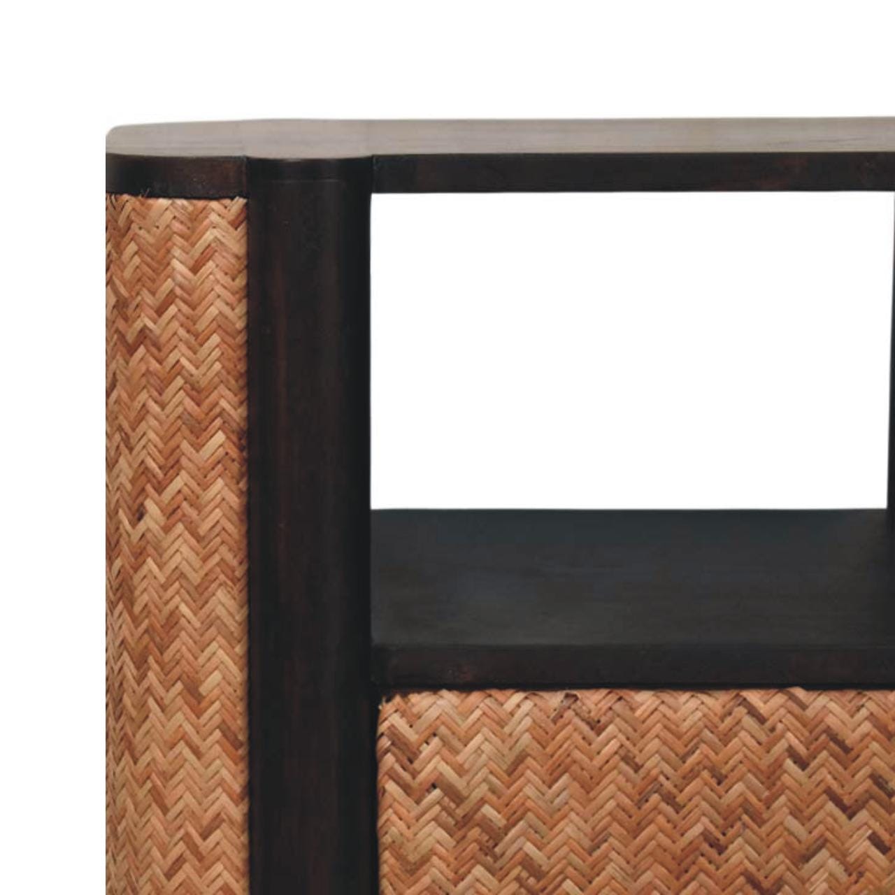 Handcrafted Rattan Curve Edge Nightstand - Solid Mango Wood Bedside Table for Bedroom - product view 5 showing...