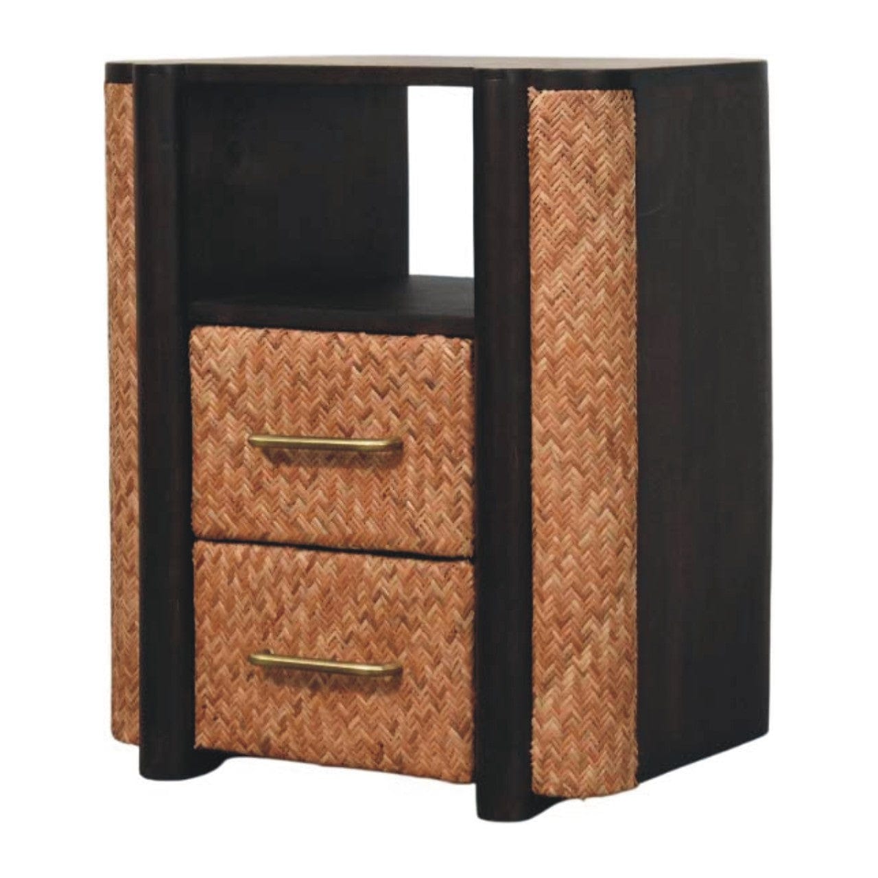 Handcrafted Rattan Curve Edge Nightstand - Solid Mango Wood Bedside Table for Bedroom - product view 4 showing...