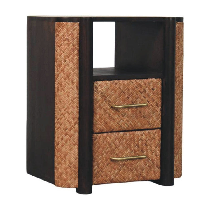 Handcrafted Rattan Curve Edge Nightstand - Solid Mango Wood Bedside Table for Bedroom - product view 3 showing...