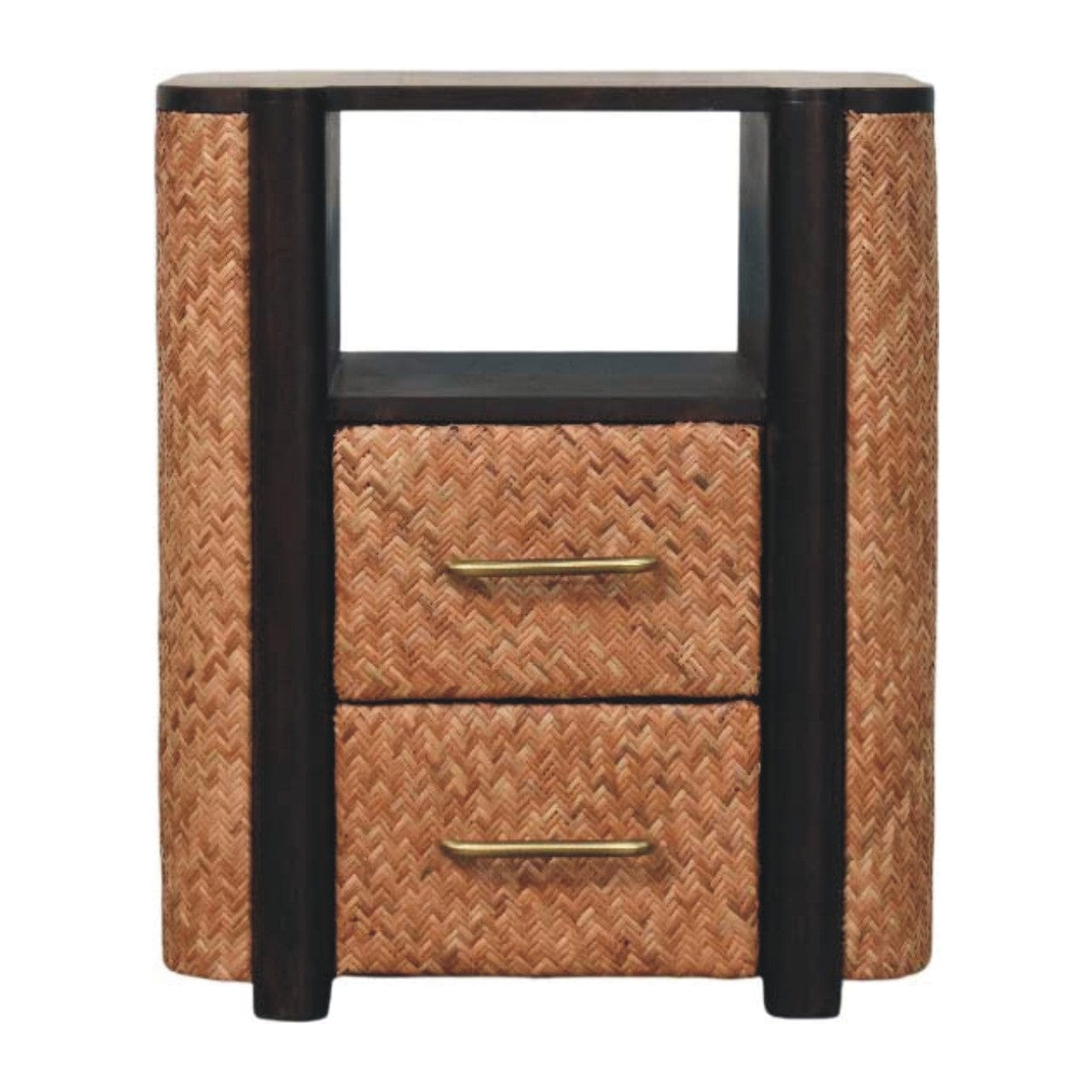 Handcrafted Rattan Curve Edge Nightstand - Solid Mango Wood Bedside Table for Bedroom - product view 2 showing...