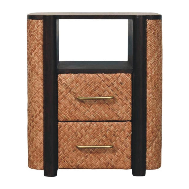 Handcrafted Rattan Curve Edge Nightstand - Solid Mango Wood Bedside Table for Bedroom - product view 2 showing...