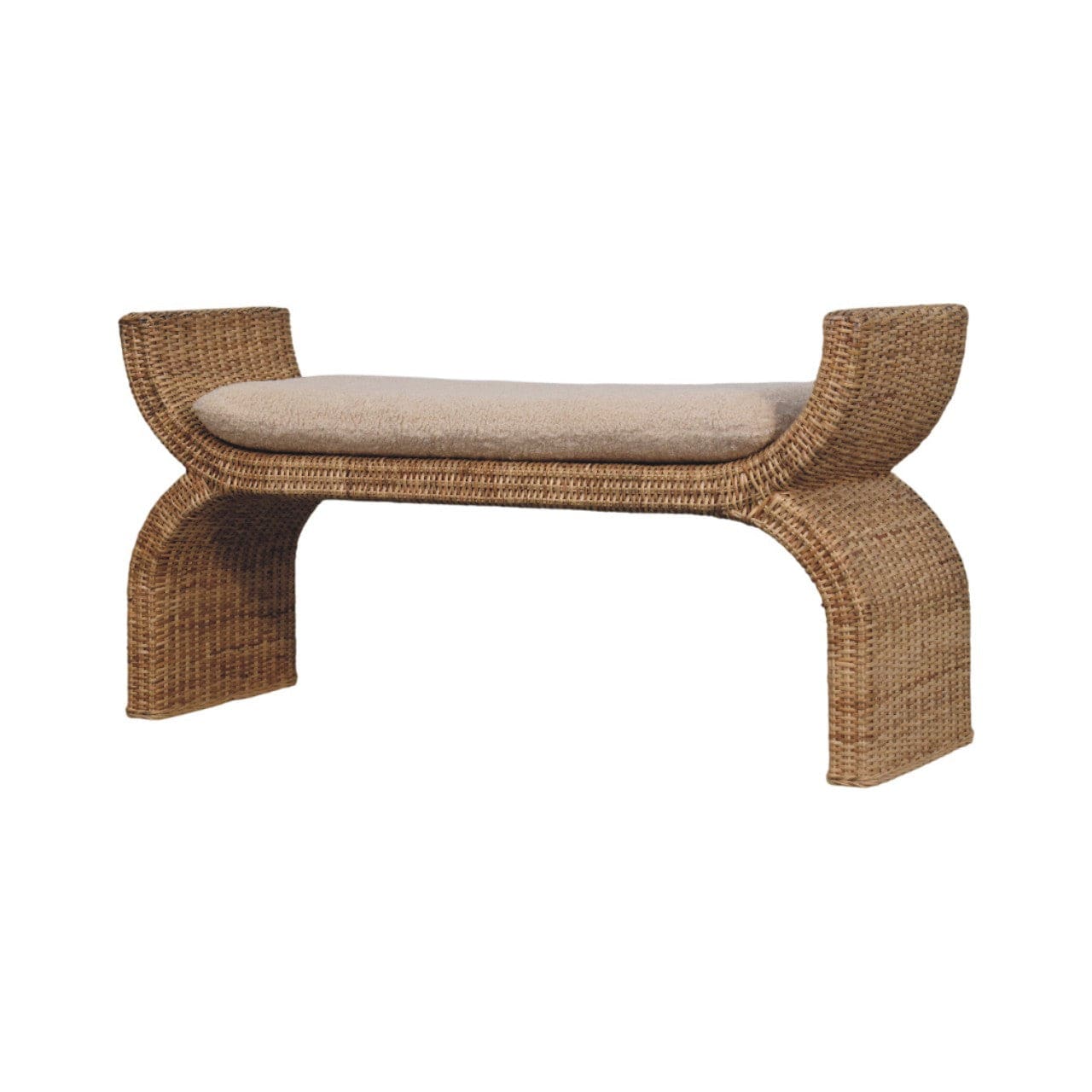 Handcrafted Rattan Weave Boucle Bench - Solid Mango Wood Seating Furniture for Entryway - product view 3 showing...