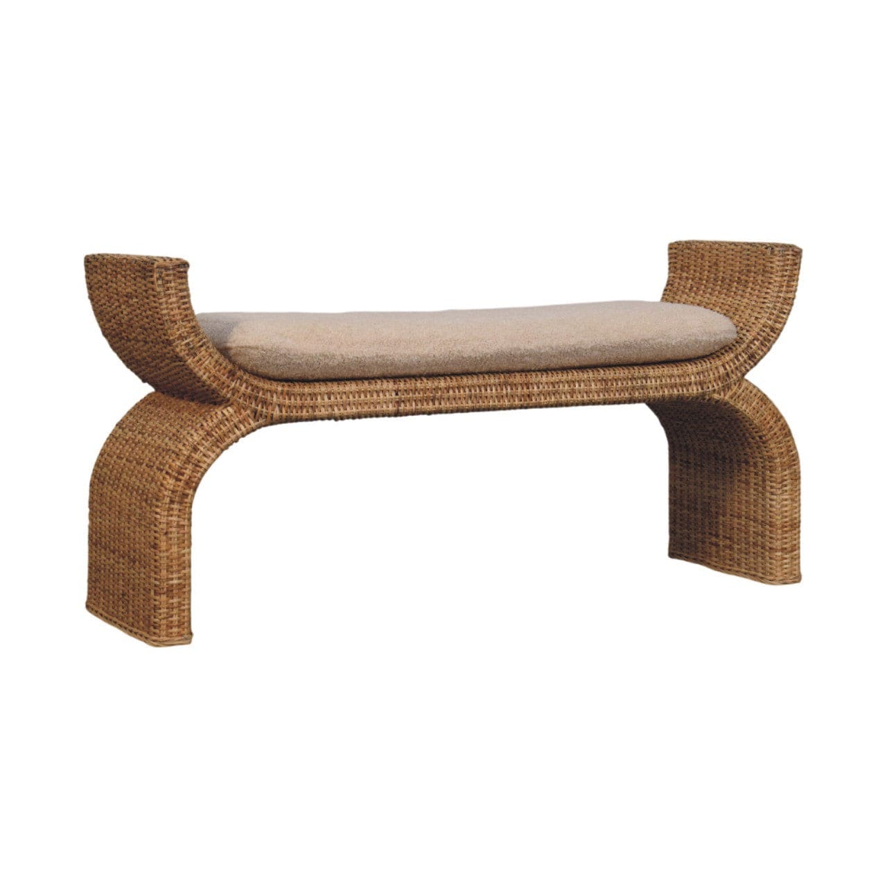 Handcrafted Rattan Weave Boucle Bench - Solid Mango Wood Seating Furniture for Entryway - product view 2 showing...