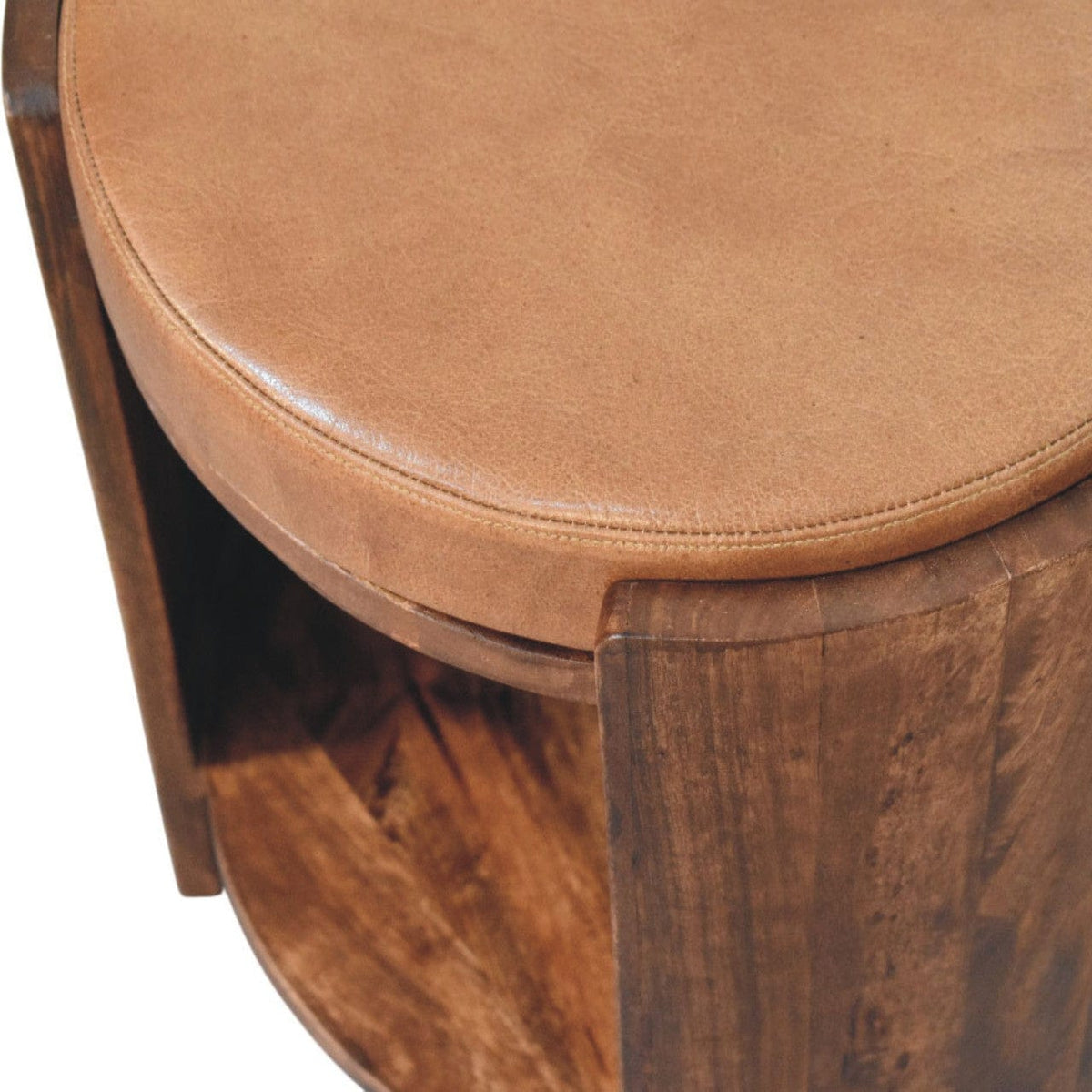 Handcrafted Savoy Leather Stool - Solid Mango Wood Accent Seating - product view 5 showing handcrafted solid mango wood stool