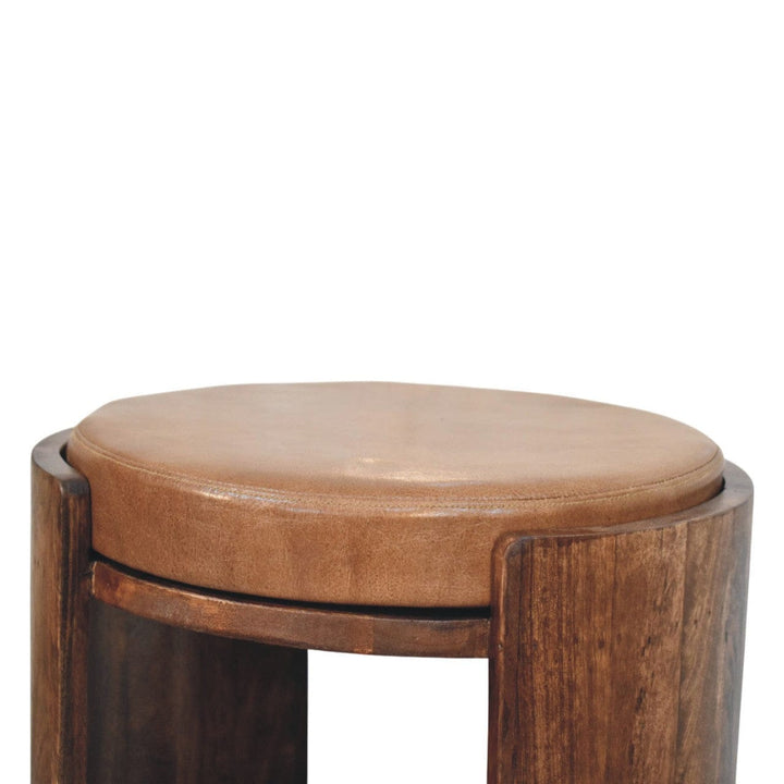 Handcrafted Savoy Leather Stool - Solid Mango Wood Accent Seating - product view 4 showing handcrafted solid mango wood stool