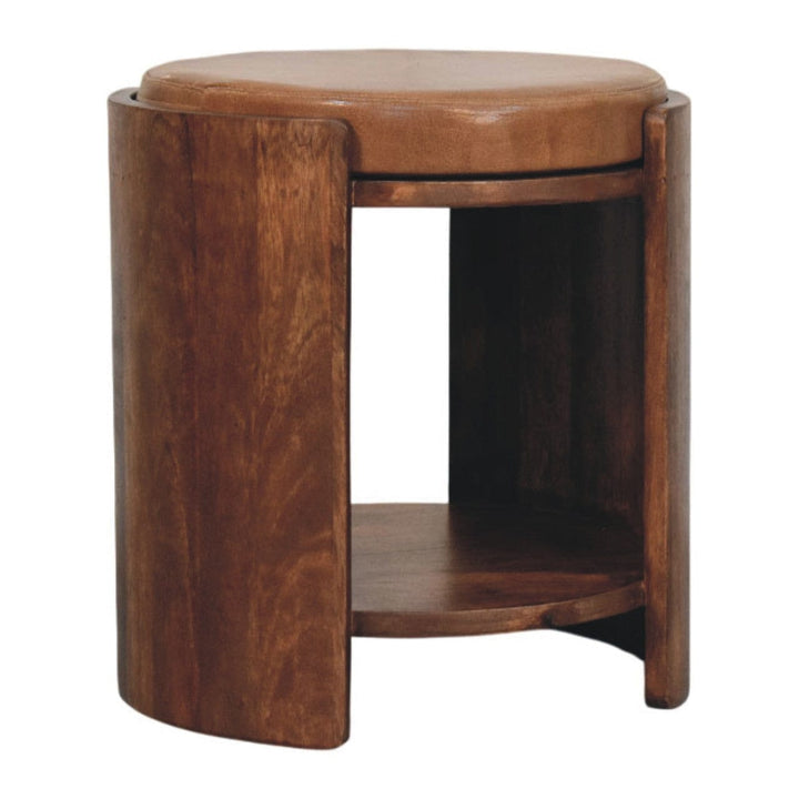 Handcrafted Savoy Leather Stool - Solid Mango Wood Accent Seating - product view 3 showing handcrafted solid mango wood stool