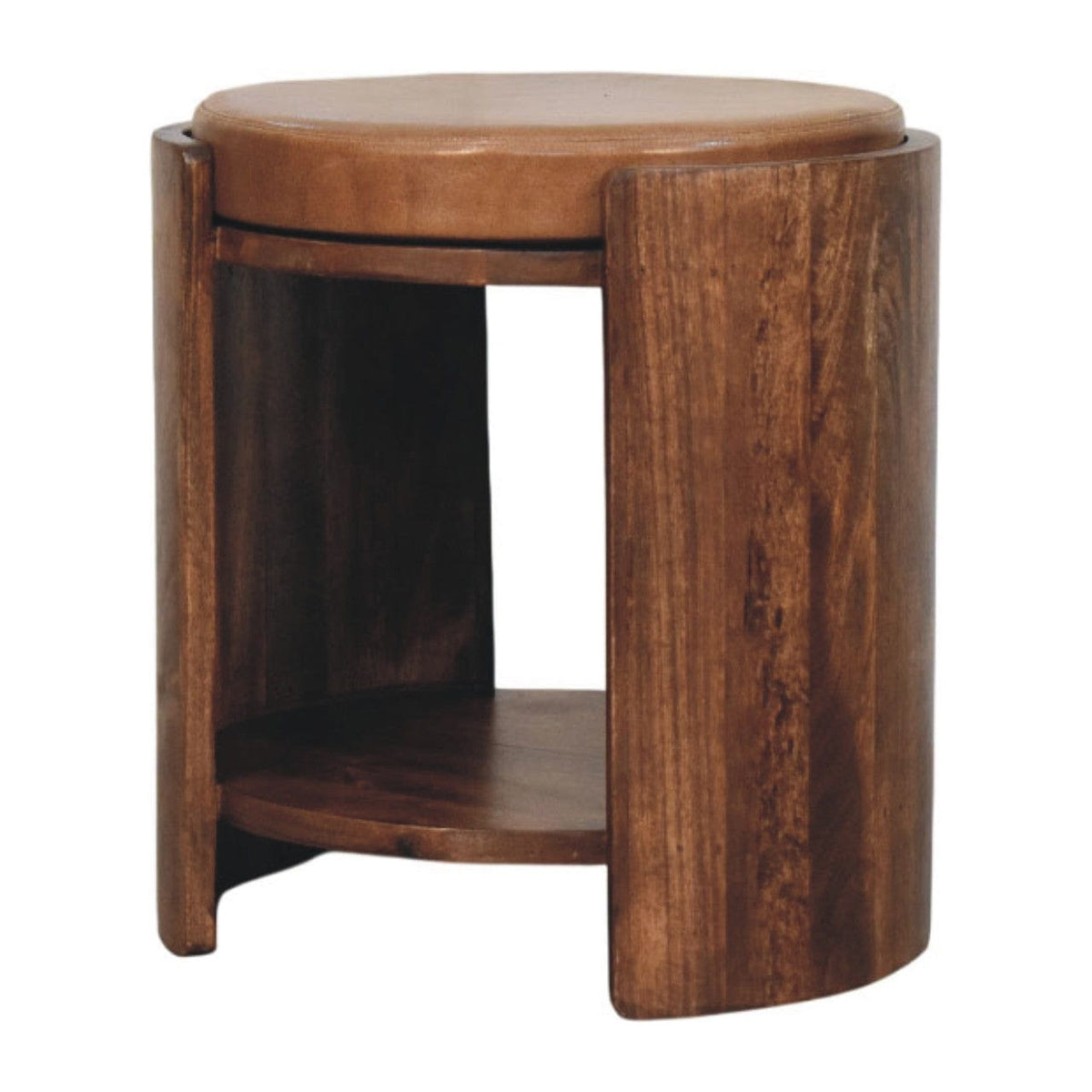 Handcrafted Savoy Leather Stool - Solid Mango Wood Accent Seating - product view 2 showing handcrafted solid mango wood stool