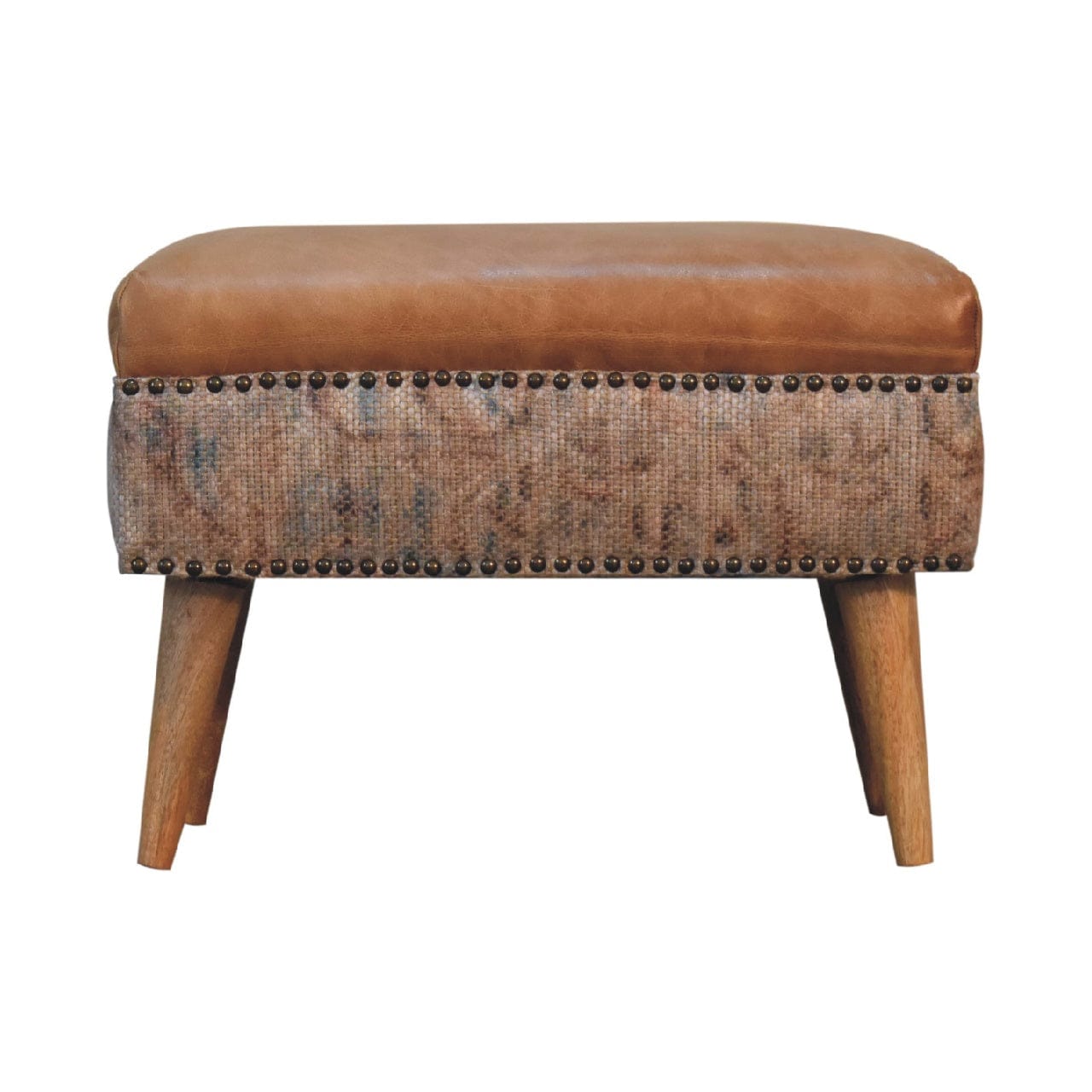 Haven Durrie Footstool - Solid Mango Wood Accent Stool for Living Room - main view showing handcrafted solid mango wood stool