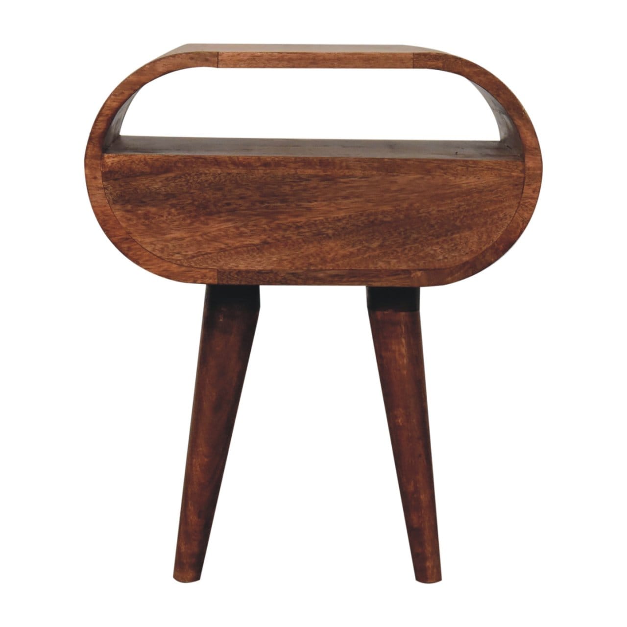 Honey Caramel Circular Nightstand - Solid Mango Wood Bedside Table for Bedroom - product view 9 showing handcrafted solid...