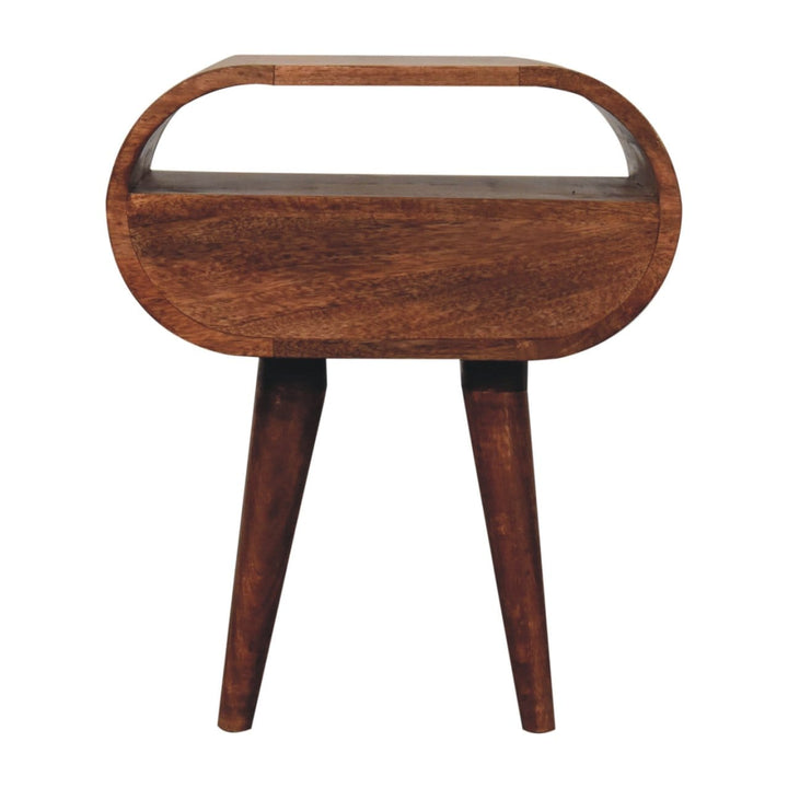 Honey Caramel Circular Nightstand - Solid Mango Wood Bedside Table for Bedroom - product view 9 showing handcrafted solid...