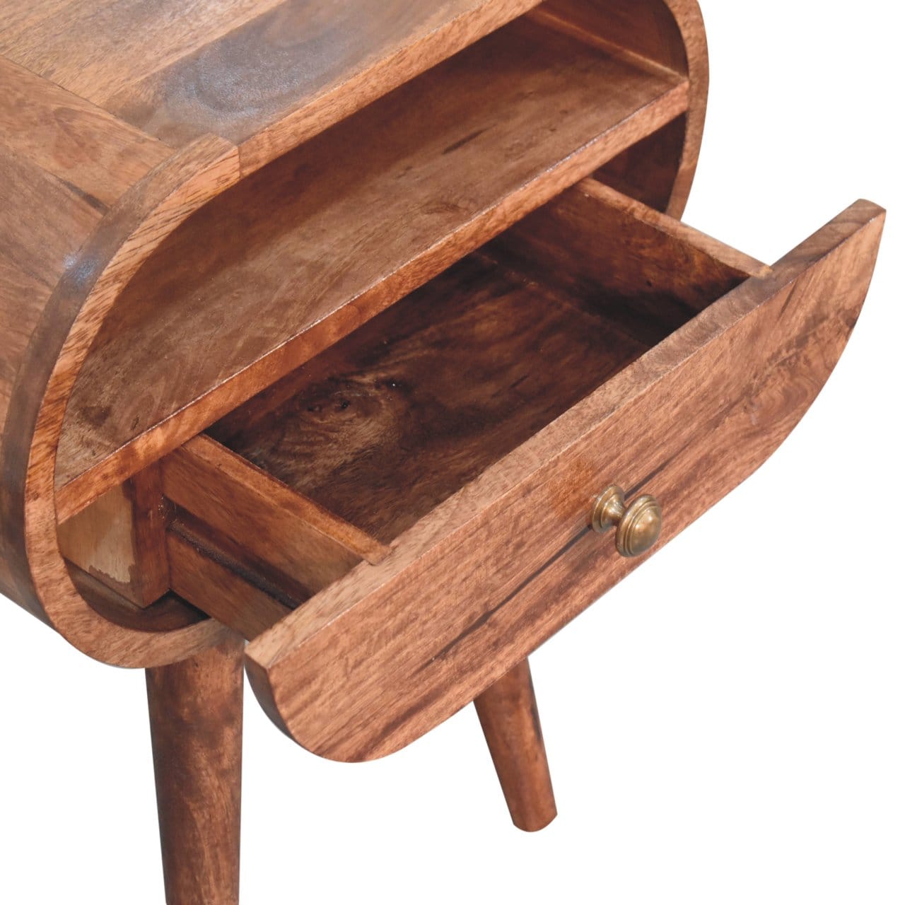 Honey Caramel Circular Nightstand - Solid Mango Wood Bedside Table for Bedroom - product view 6 showing handcrafted solid...
