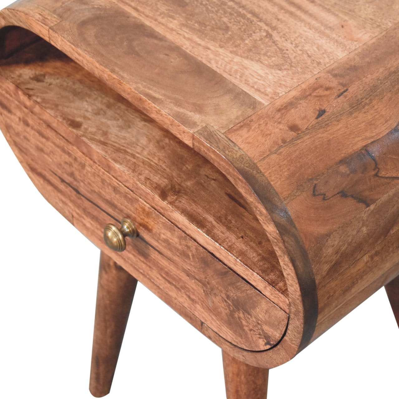 Honey Caramel Circular Nightstand - Solid Mango Wood Bedside Table for Bedroom - product view 5 showing handcrafted solid...