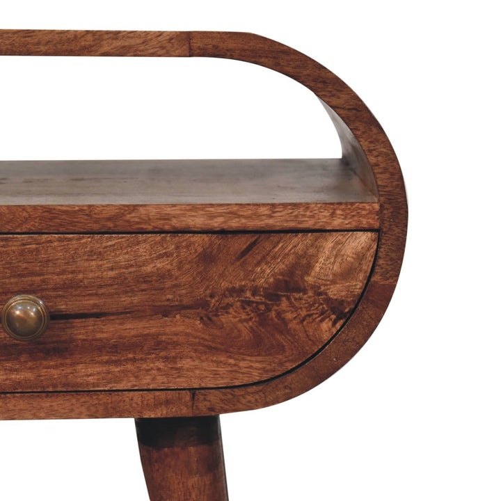Honey Caramel Circular Nightstand - Solid Mango Wood Bedside Table for Bedroom - product view 4 showing handcrafted solid...