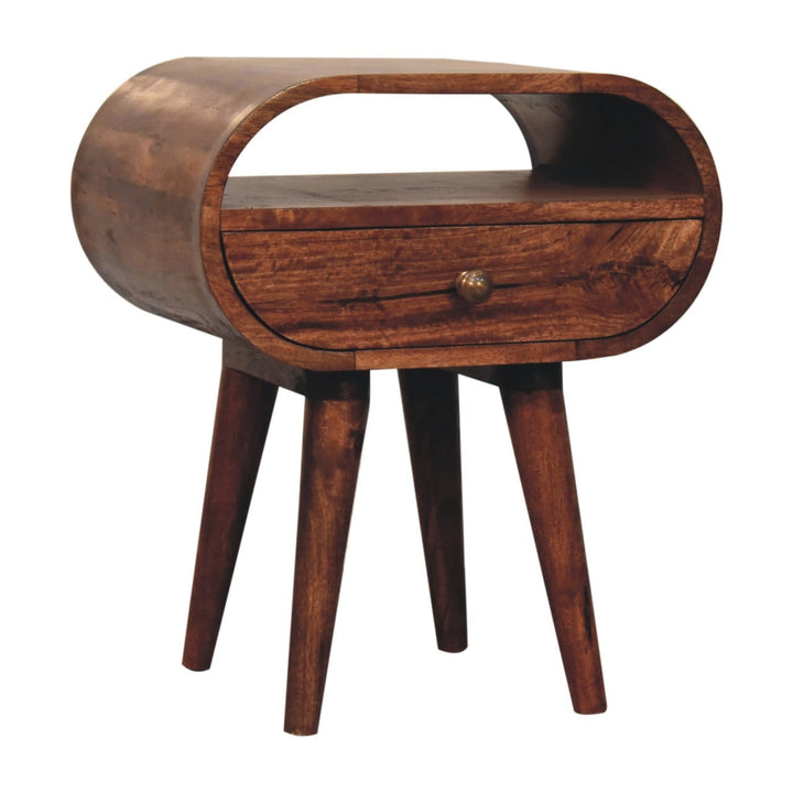 Honey Caramel Circular Nightstand - Solid Mango Wood Bedside Table for Bedroom - product view 3 showing handcrafted solid...