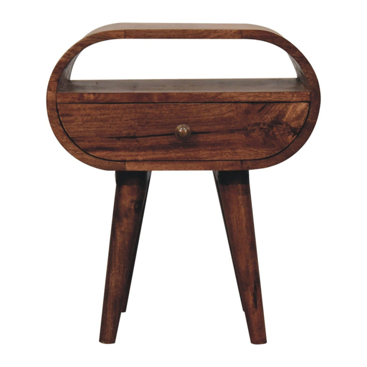 Honey Caramel Circular Nightstand - Solid Mango Wood Bedside Table for Bedroom - product view 2 showing handcrafted solid...