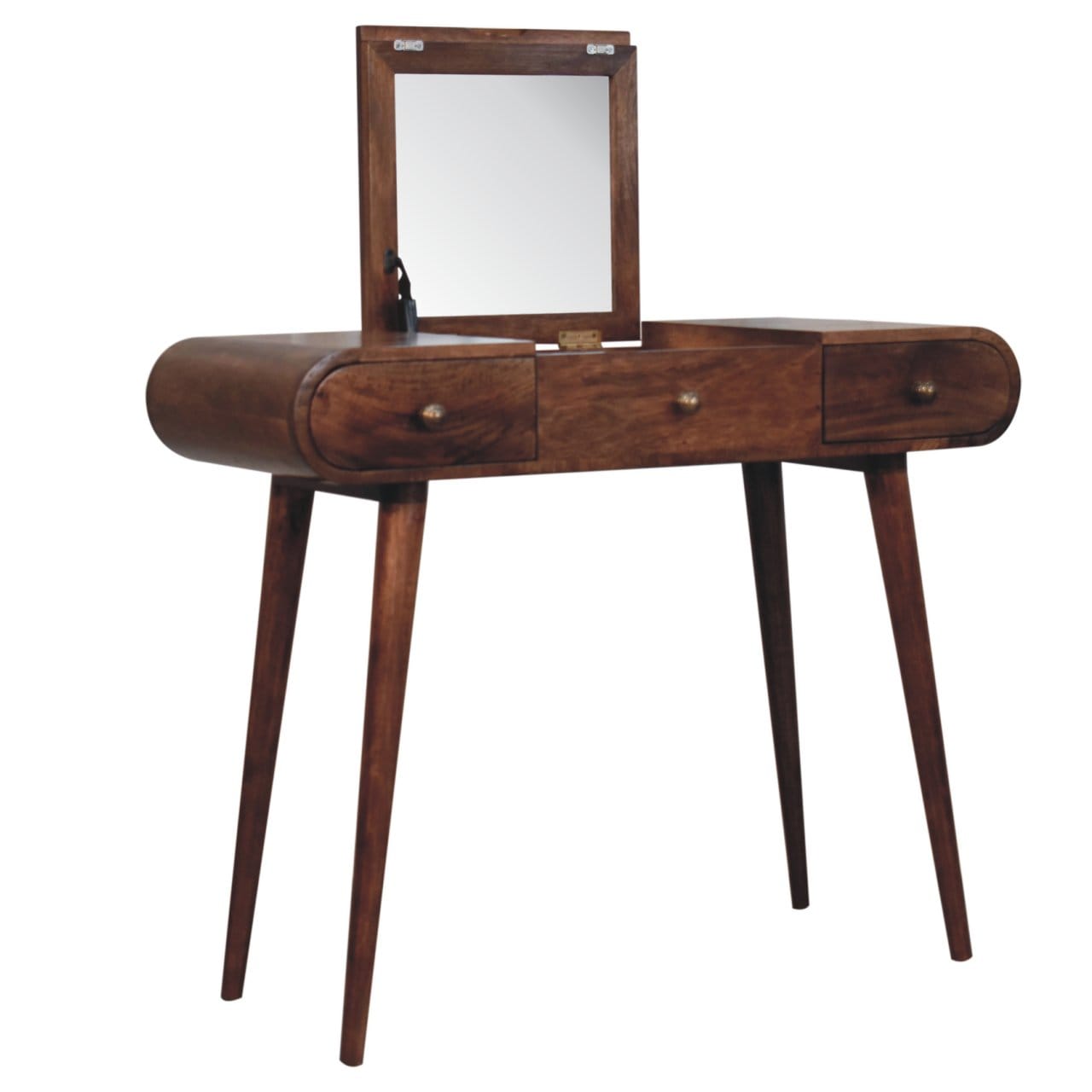 Honey Caramel Round Dressing Table - Solid Mango Wood Vanity Table for Bedroom - product view 7 showing handcrafted solid...