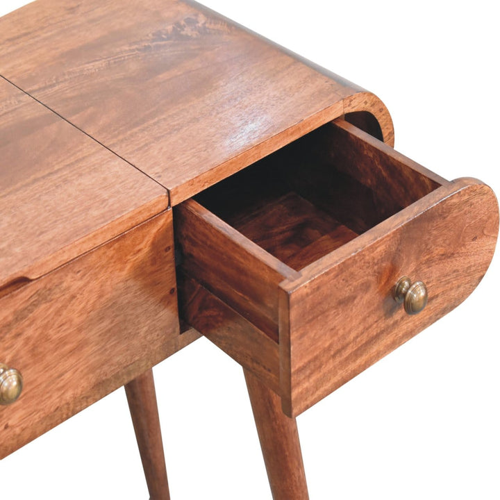 Honey Caramel Round Dressing Table - Solid Mango Wood Vanity Table for Bedroom - product view 5 showing handcrafted solid...