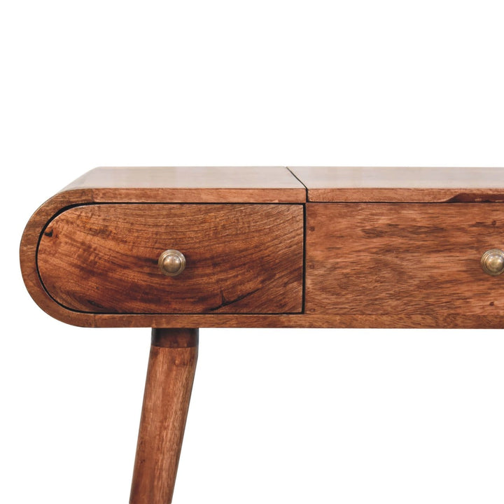 Honey Caramel Round Dressing Table - Solid Mango Wood Vanity Table for Bedroom - product view 4 showing handcrafted solid...