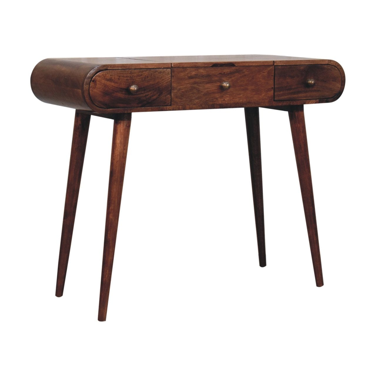Honey Caramel Round Dressing Table - Solid Mango Wood Vanity Table for Bedroom - product view 3 showing handcrafted solid...