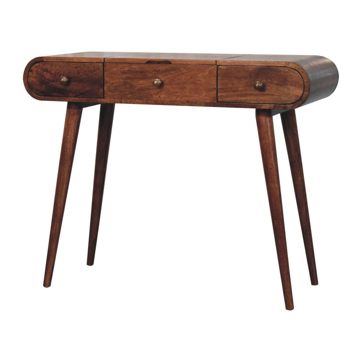 Honey Caramel Round Dressing Table - Solid Mango Wood Vanity Table for Bedroom - product view 2 showing handcrafted solid...