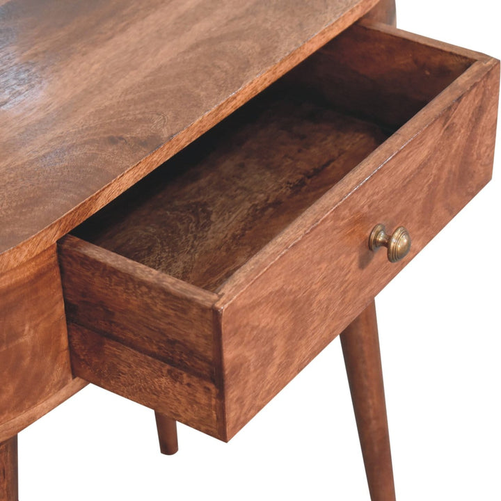 Honey Caramel Rounded Console Table - Solid Mango Wood Hallway Console for Entryway - product view 6 showing handcrafted...