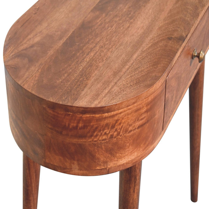 Honey Caramel Rounded Console Table - Solid Mango Wood Hallway Console for Entryway - product view 5 showing handcrafted...