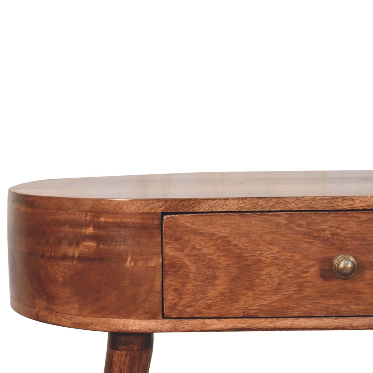 Honey Caramel Rounded Console Table - Solid Mango Wood Hallway Console for Entryway - product view 4 showing handcrafted...