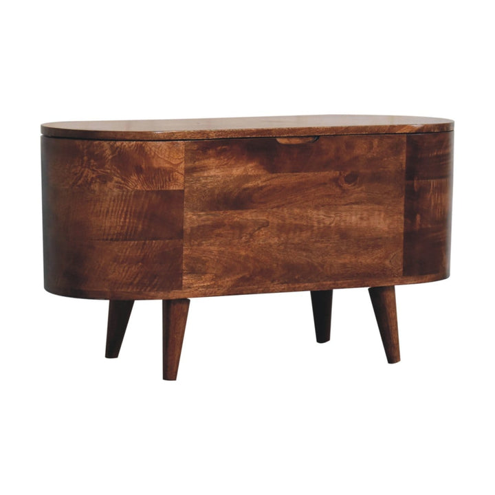 Honey Caramel Rounded Lid up Blanket Box - Solid Mango Wood Storage Trunk for Bedroom - product view 4 showing...