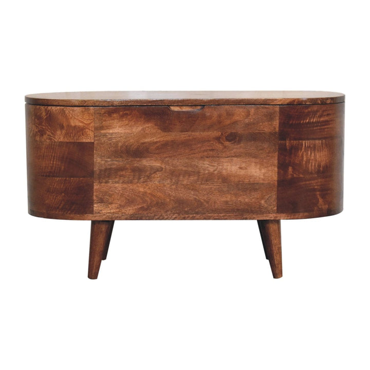 Honey Caramel Rounded Lid up Blanket Box - Solid Mango Wood Storage Trunk for Bedroom - product view 2 showing...
