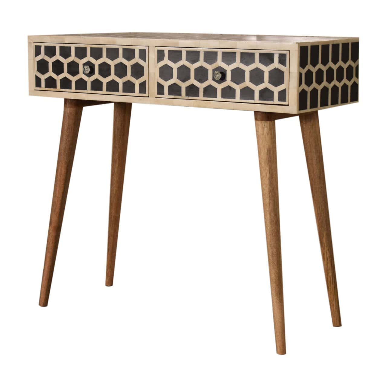 Honeycomb Bone Inlay Console Table - Solid Mango Wood Hallway Console for Entryway - product view 2 showing handcrafted...