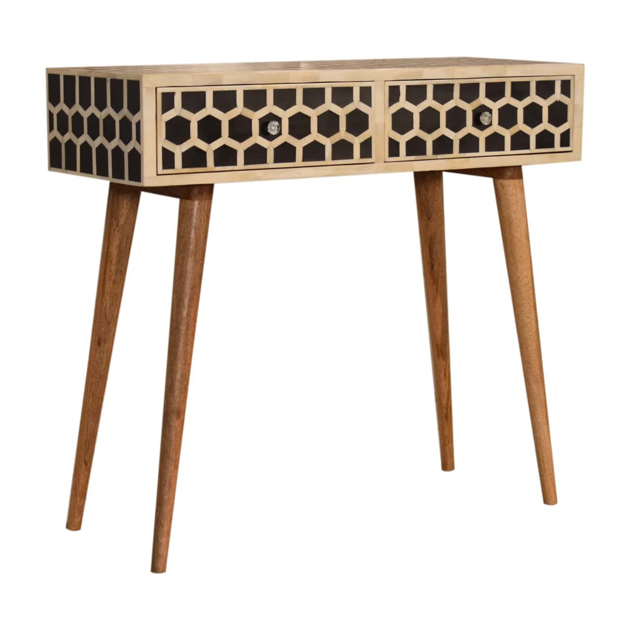 Honeycomb Bone Inlay Console Table - Solid Mango Wood Hallway Console for Entryway - main view showing handcrafted solid...
