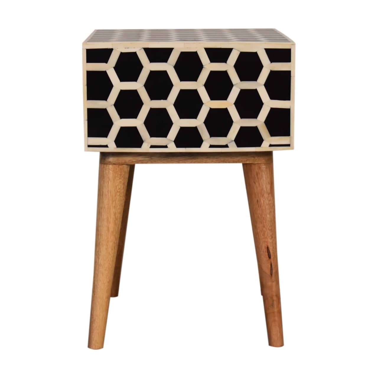 Honeycomb Bone Inlay Nightstand - Solid Mango Wood Bedside Table for Bedroom - product view 8 showing handcrafted solid...