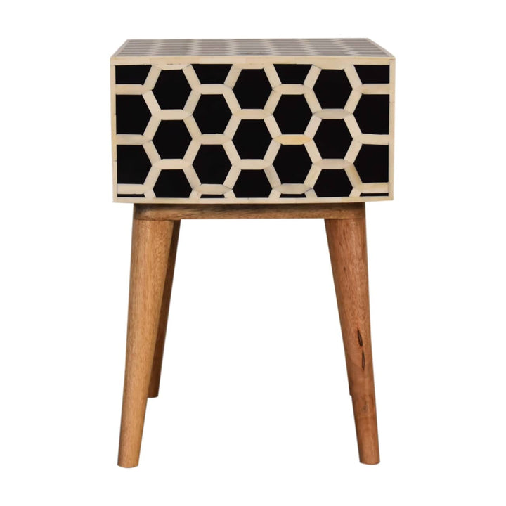 Honeycomb Bone Inlay Nightstand - Solid Mango Wood Bedside Table for Bedroom - product view 8 showing handcrafted solid...