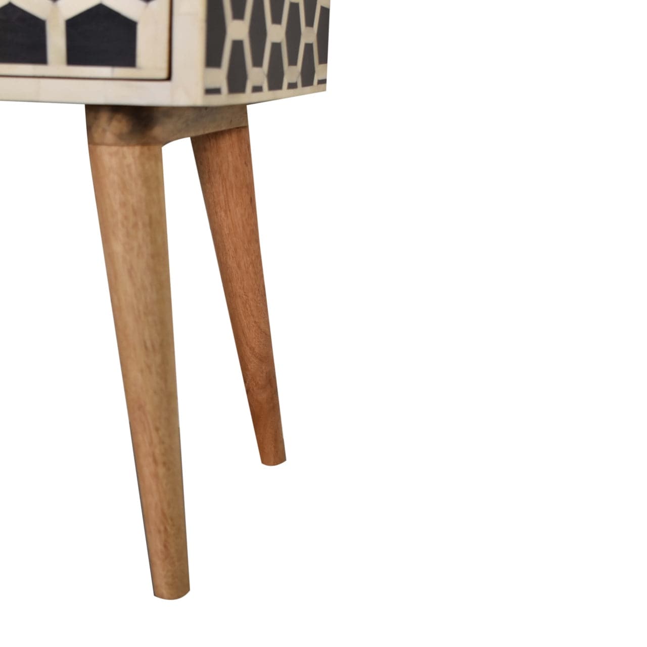 Honeycomb Bone Inlay Nightstand - Solid Mango Wood Bedside Table for Bedroom - product view 7 showing handcrafted solid...