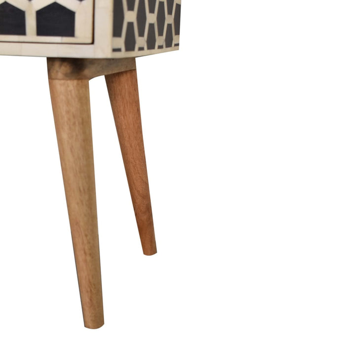 Honeycomb Bone Inlay Nightstand - Solid Mango Wood Bedside Table for Bedroom - product view 7 showing handcrafted solid...