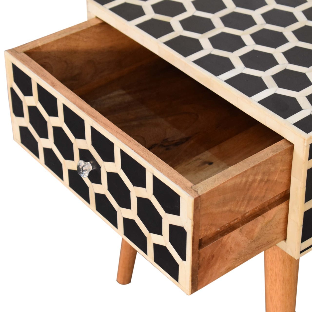 Honeycomb Bone Inlay Nightstand - Solid Mango Wood Bedside Table for Bedroom - product view 6 showing handcrafted solid...
