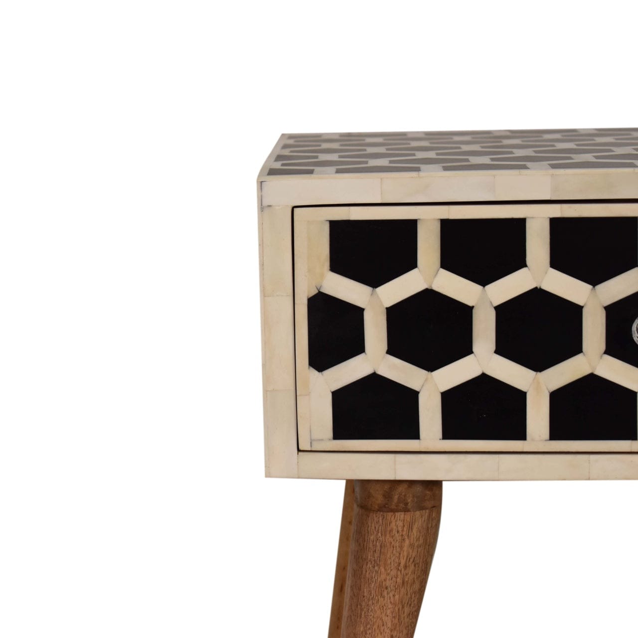 Honeycomb Bone Inlay Nightstand - Solid Mango Wood Bedside Table for Bedroom - product view 5 showing handcrafted solid...