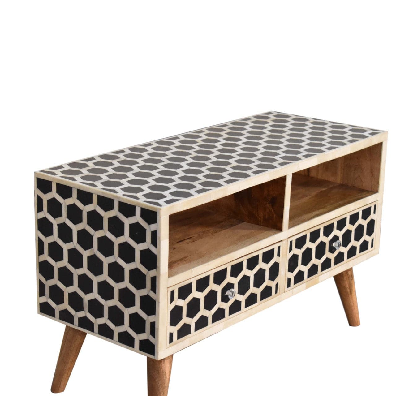 Honeycomb Bone Inlay TV Stand - Solid Mango Wood Entertainment Center for Living Room - product view 6 showing...