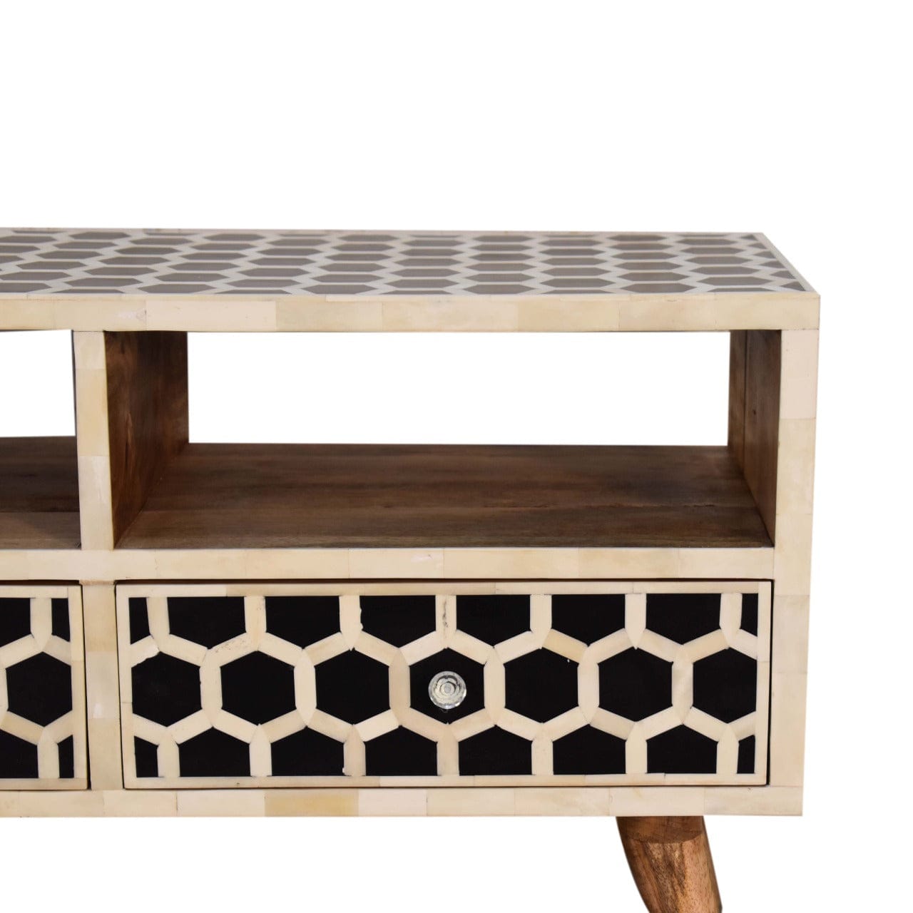 Honeycomb Bone Inlay TV Stand - Solid Mango Wood Entertainment Center for Living Room - product view 4 showing...