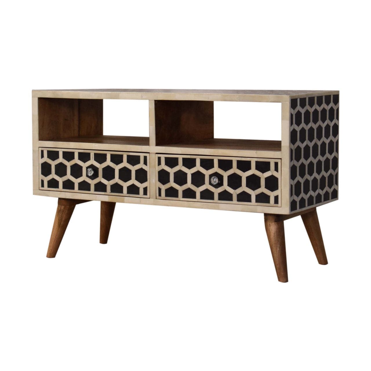 Honeycomb Bone Inlay TV Stand - Solid Mango Wood Entertainment Center for Living Room - product view 3 showing...