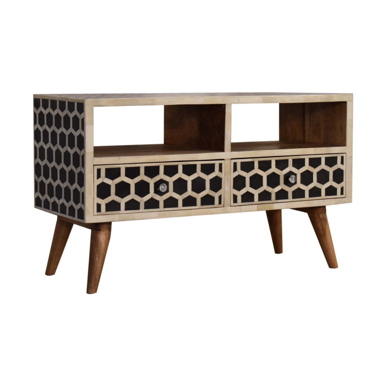 Honeycomb Bone Inlay TV Stand - Solid Mango Wood Entertainment Center for Living Room - product view 2 showing...