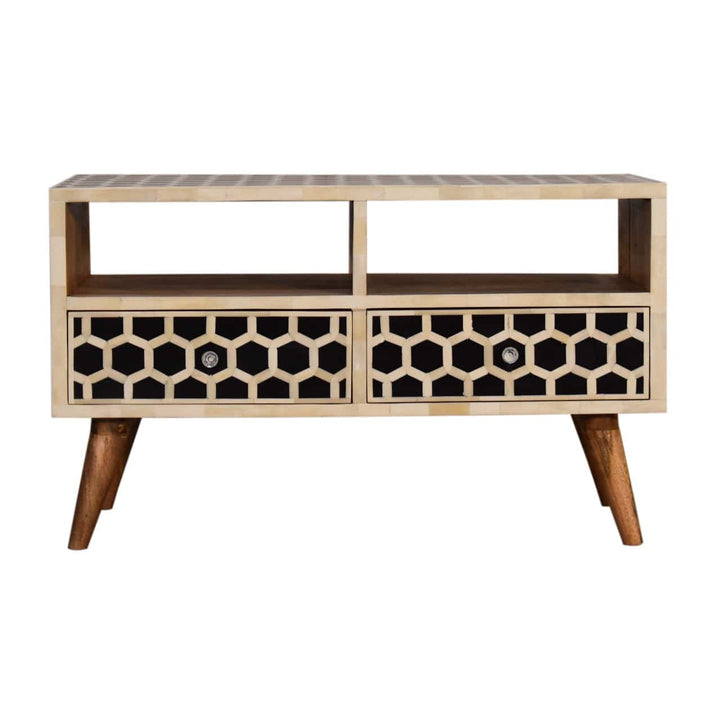 Honeycomb Bone Inlay TV Stand - Solid Mango Wood Entertainment Center for Living Room - main view showing handcrafted...
