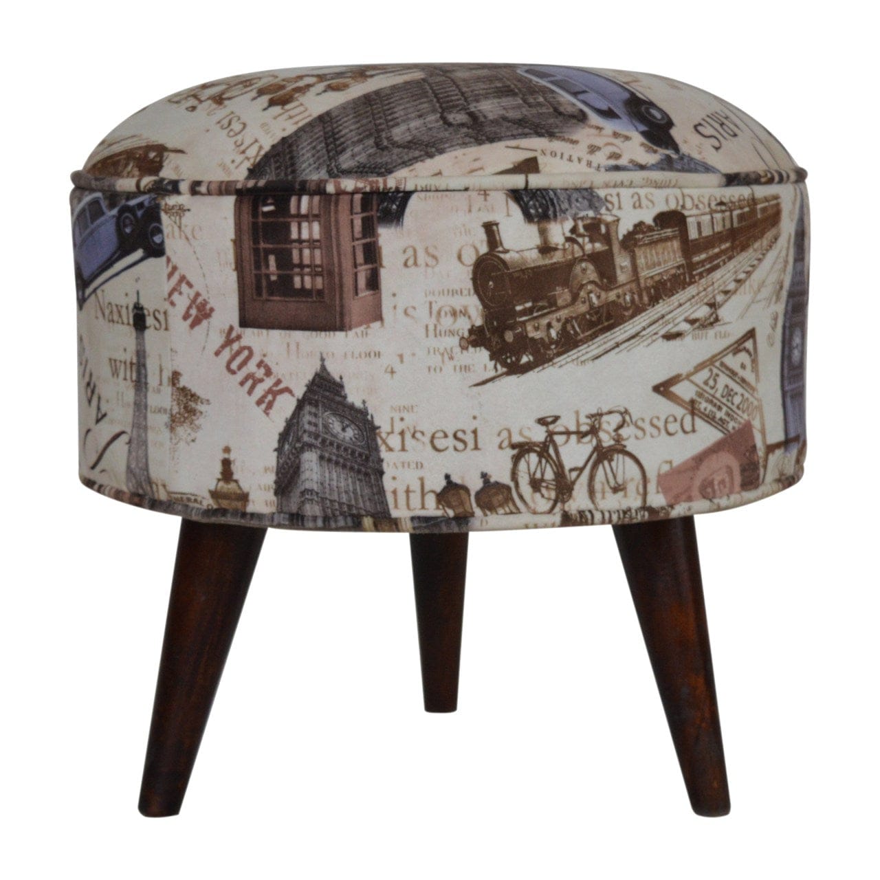 IN1271 - City Print Footstool - Solid Mango Wood Accent Stool for Living Room - product view 7 showing handcrafted solid...