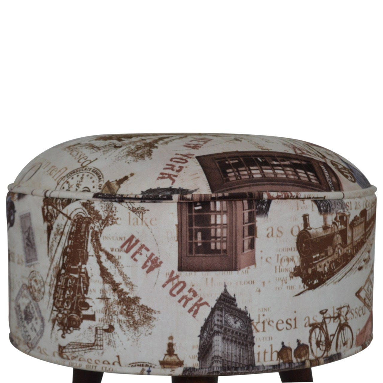 IN1271 - City Print Footstool - Solid Mango Wood Accent Stool for Living Room - product view 6 showing handcrafted solid...